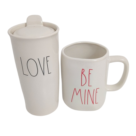 Rae Dunn "Be Mine" & "Love" Large Ceramic Coffee Mug & Travel Tumbler (Set of 2) - Picture 1 of 5